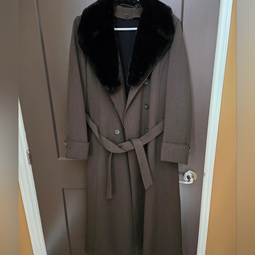 Womens Dark Olive Double-Breasted Coat with Black Fur Collar